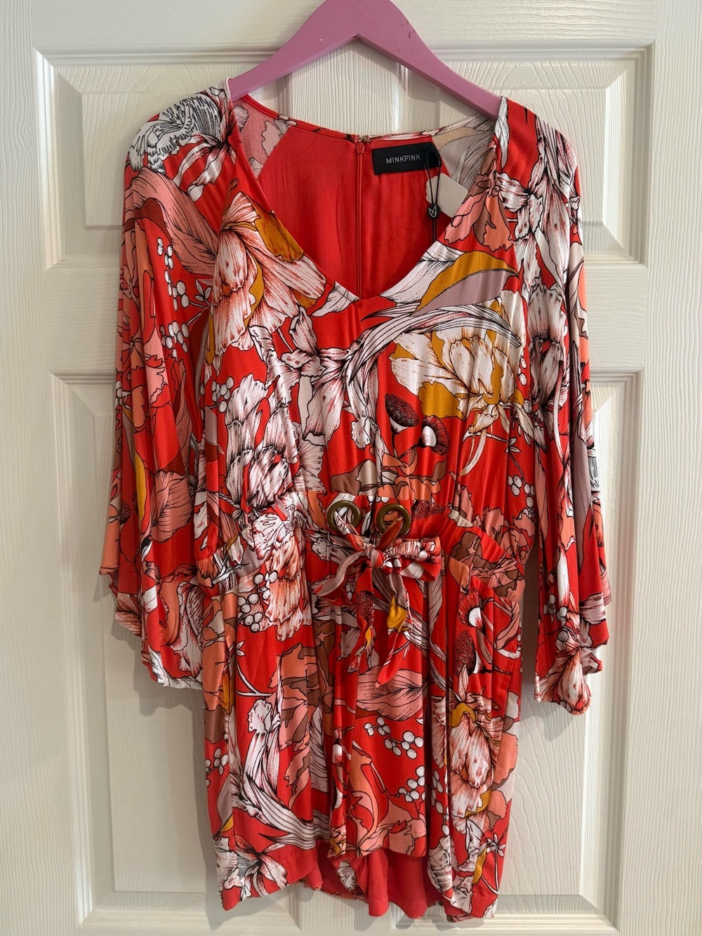 MINKPINK Coral Red Floral V-Neck Tie-Waist Long Sleeve Dress